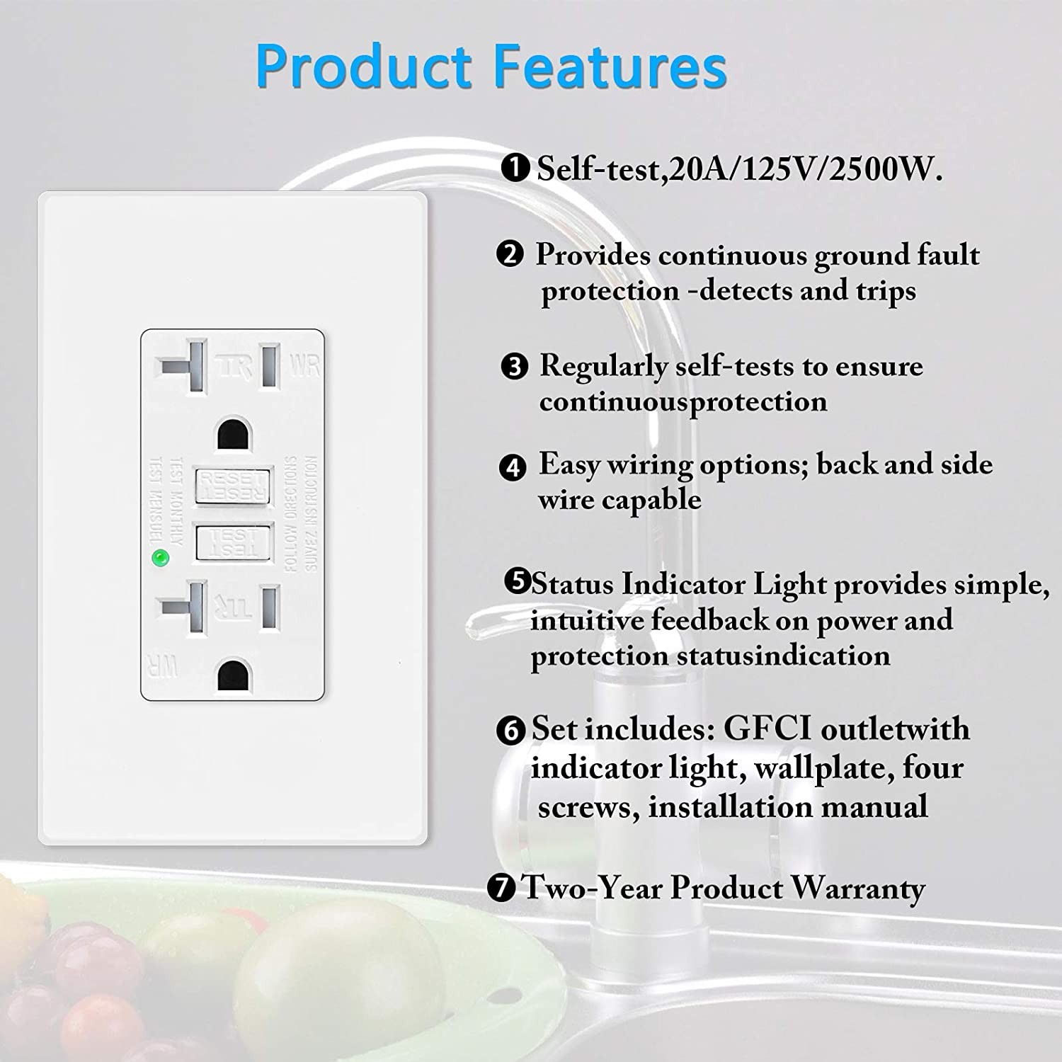 1PK 20A/125V Greencycle Self-Test White GFI Electrical Outlet With LED Indicator