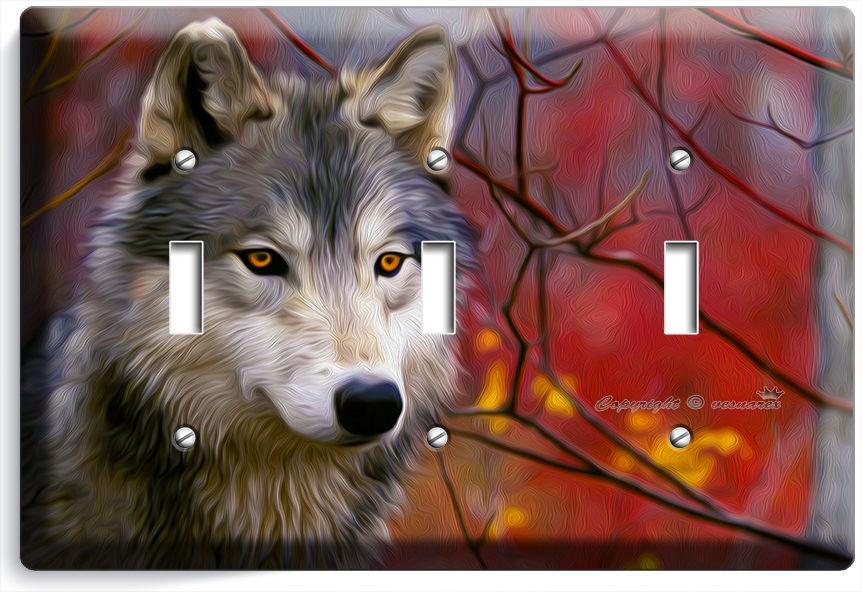 GRAY WOLF WOODS IN AUTUMN FOREST TRIPLE LIGHT SWITCH WALL PLATE COVER HOME DECOR