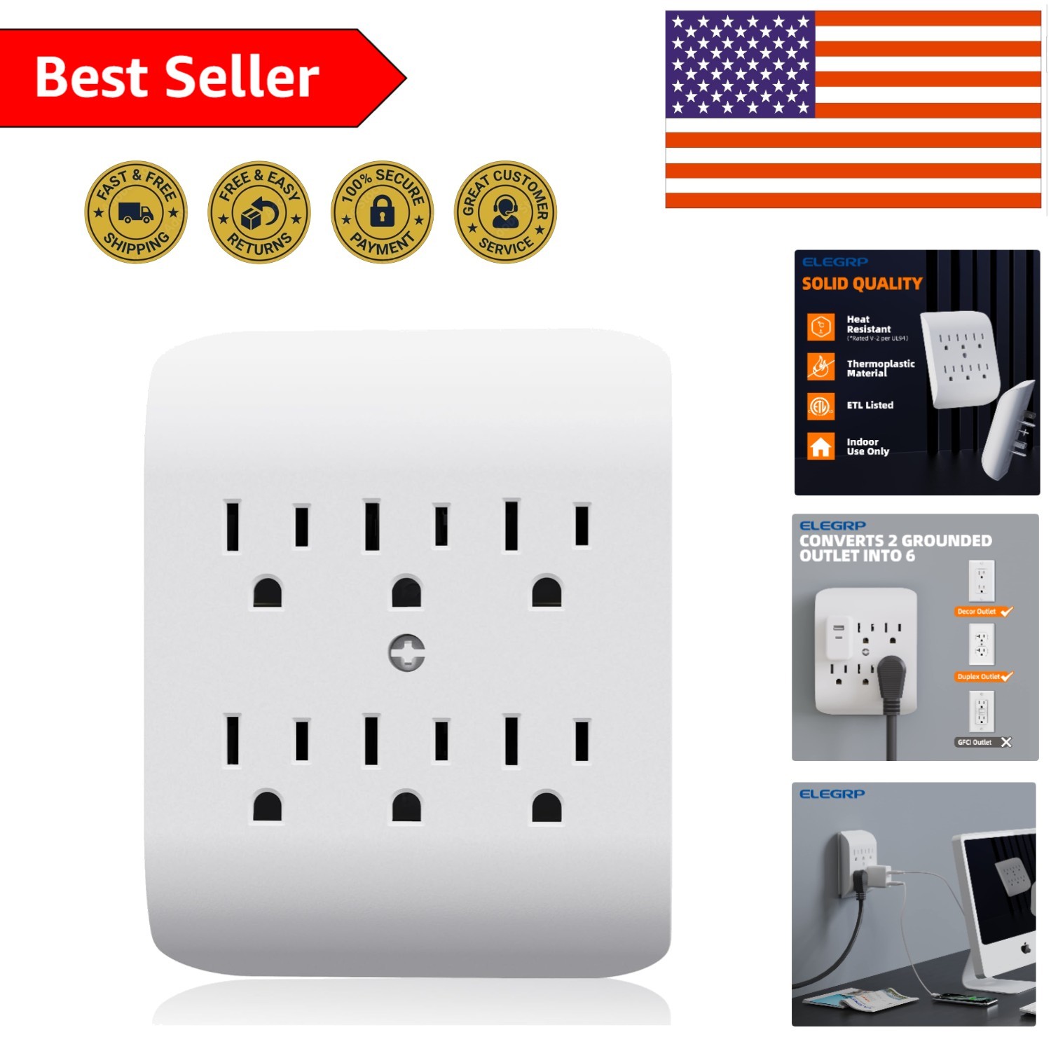 6-Outlet Wall Extender with Central Anchor – Listed, Safe & Sleek Design