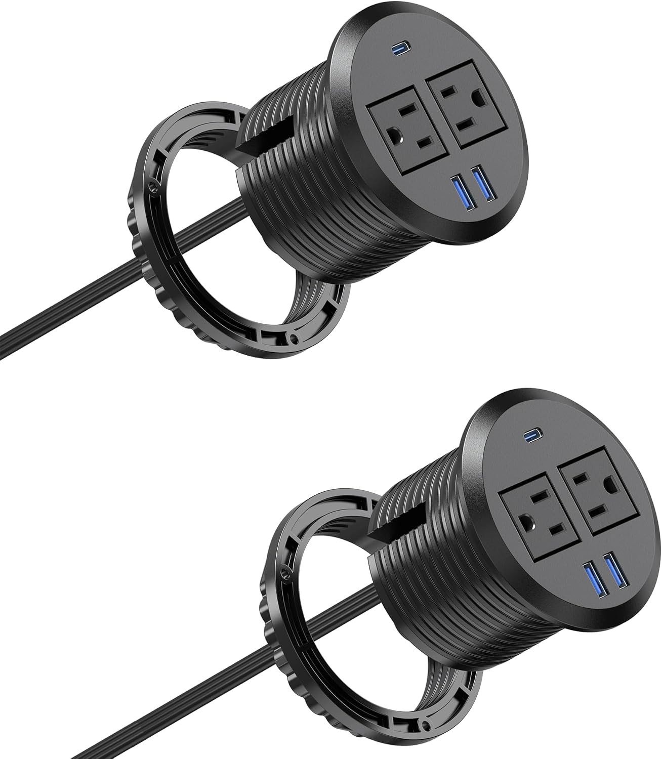 Stylish Flush Mount Desk Grommet with USB-C, Black (2-Pack)