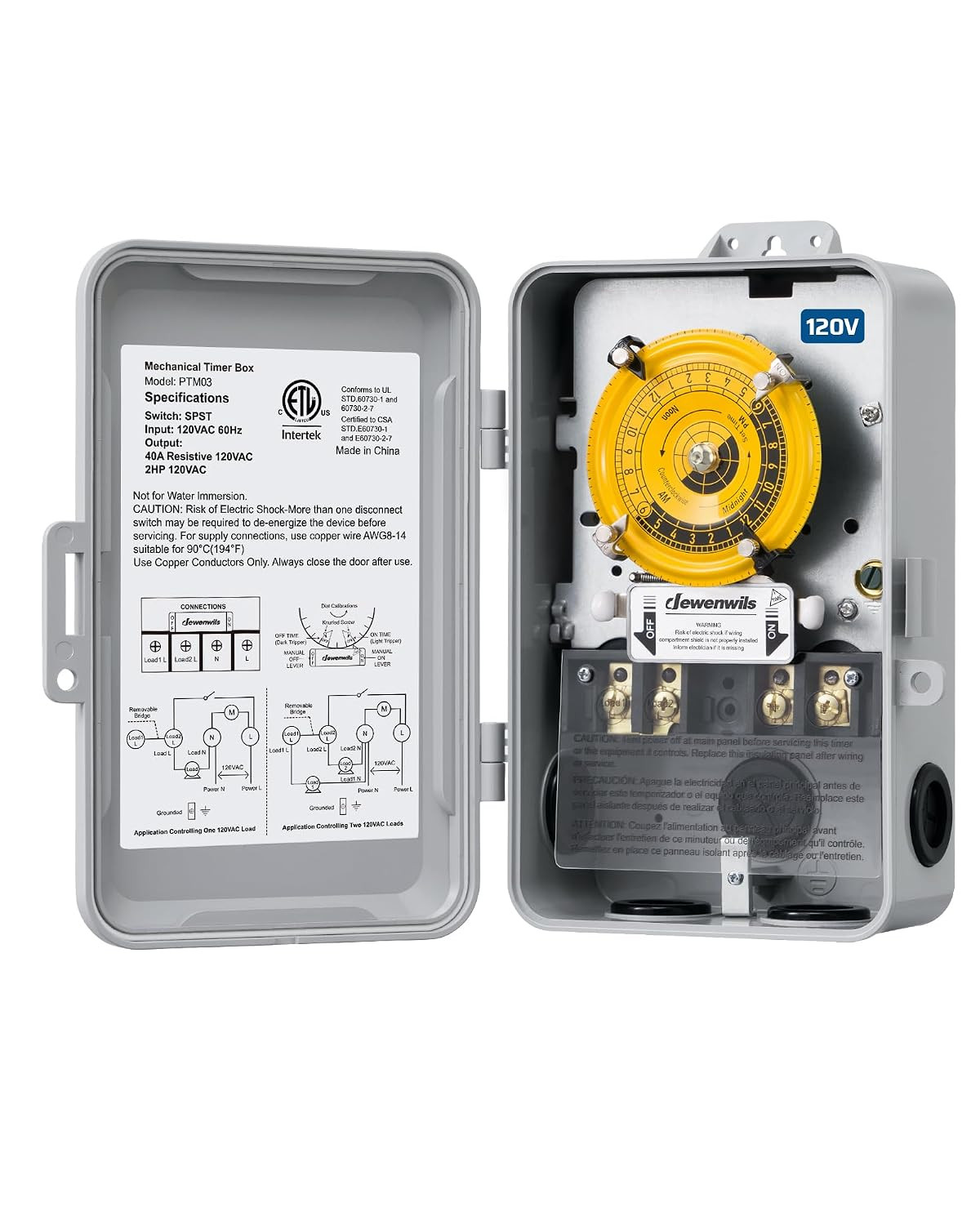 24-Hour Mechanical Timer Switch – 120VAC SPST, 2HP 40A, Heavy Duty, Manual Overr