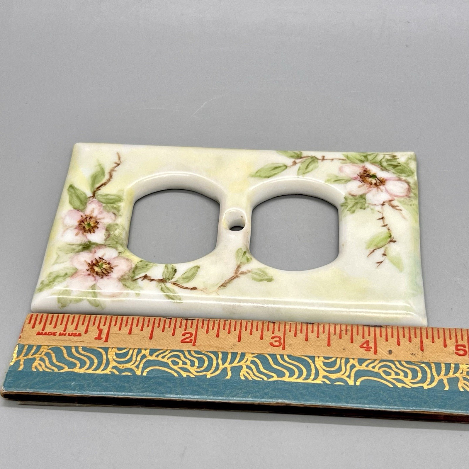 2 – Vintage Porcelain Outlet Covers Hand Painted Green w/ Pink Dogwood Florals