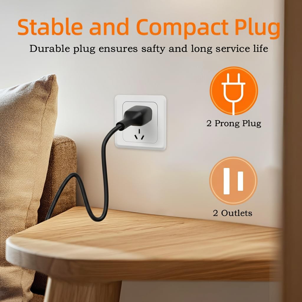 5FT Black Power Extension Cords, 2-Prong, 2 Outlets, 125V 5A 625W (1 Pack)