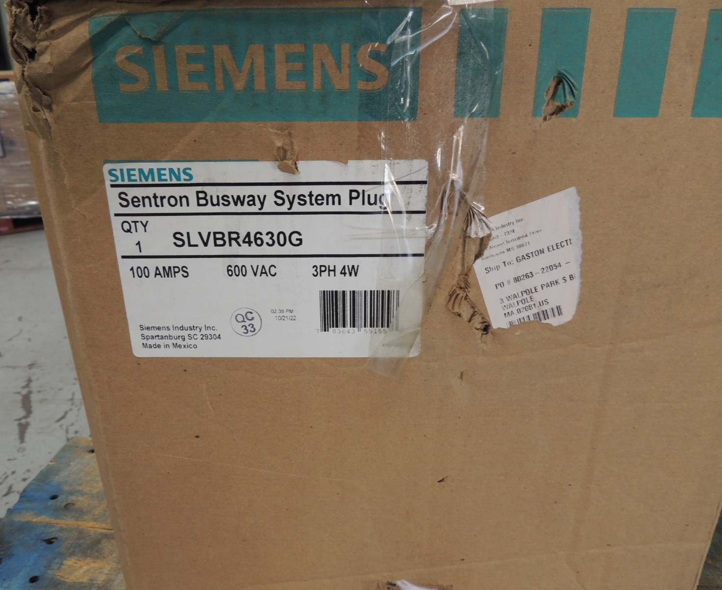 Siemens Busway System Plug “SLVBR4630G” 100 AMPS 600V 3PH 4W