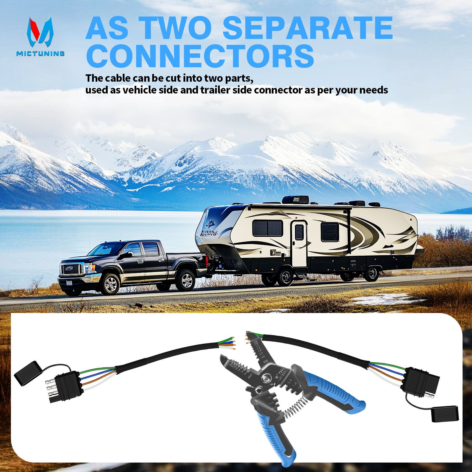 MICTUNING 4 Pin Flat Trailer Extension Cable 12inch 4 Way Connector Trailer-Side