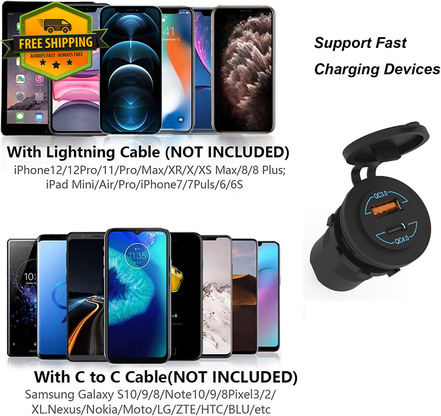 12V USB C Car Charger Socket QC4.0 PD3.0 90W Waterproof LED Outlet