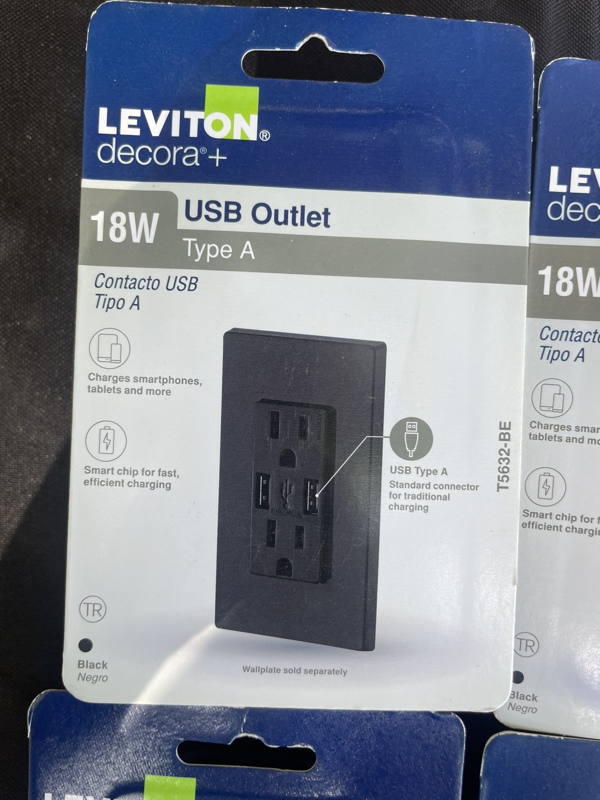 4 Leviton 15 Amp USB Charger Outlet Type A & C Tamper-Resistant Black w/Wallcovr