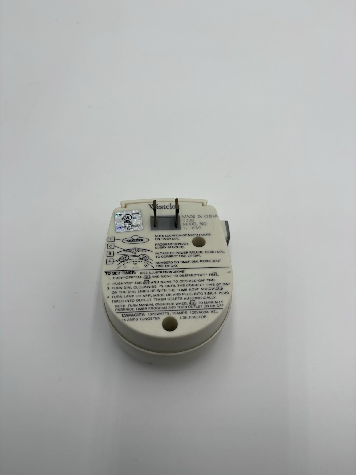 Westclox Model No. 12-850 Wall Plug Outlet Timer Controller 24 Hour