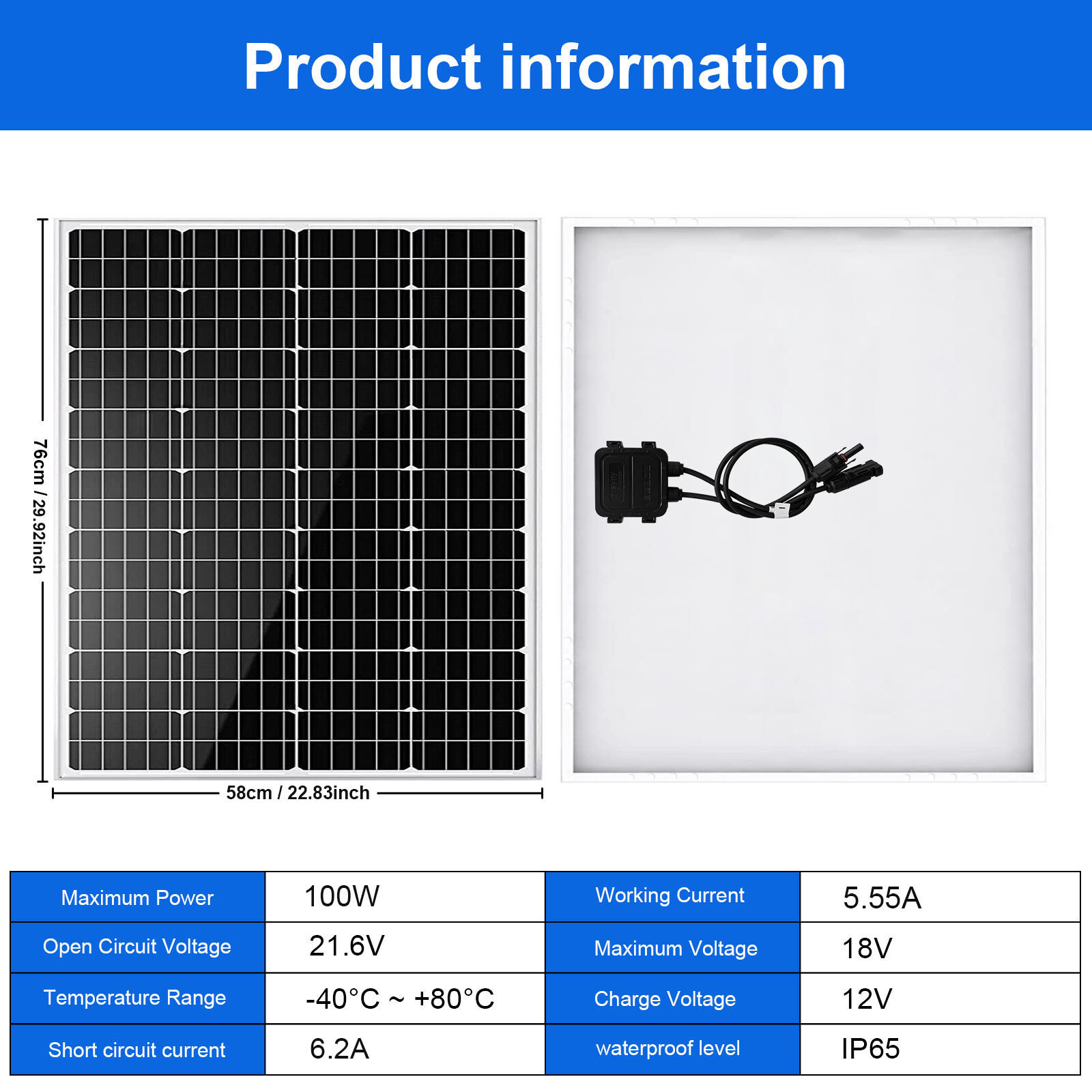 100 Watt 12V 23% High Efficiency Mono Solar Panel PV Module for Marine Caravan