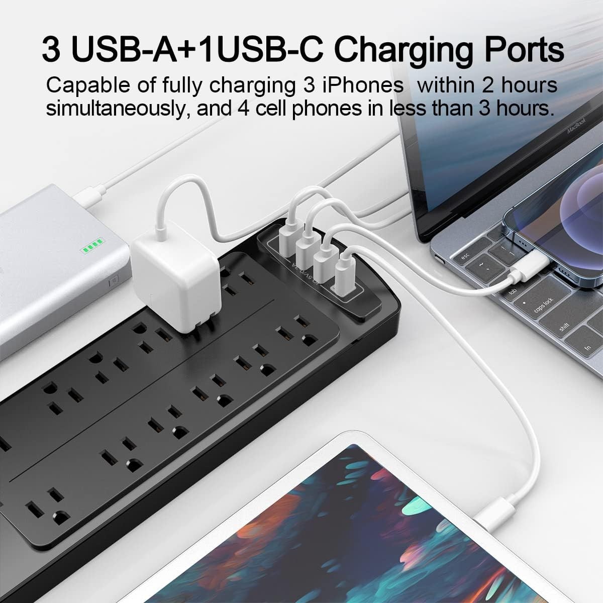 Smart Charging 12-Outlet Power Strip & 4 USB Ports – 6 ft, Black, Listed