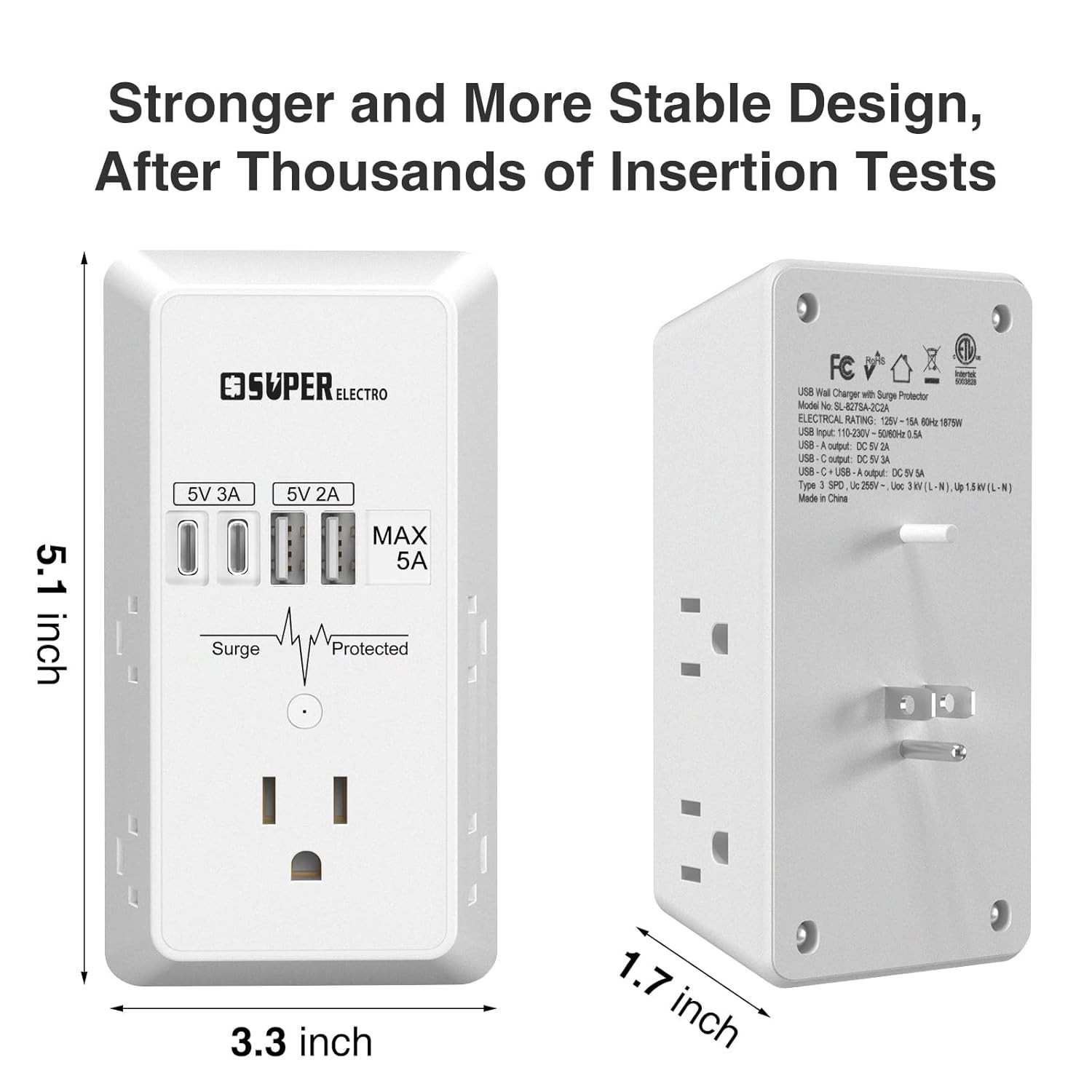 USB Wall Charger Surge Protector 5 Outlet Extender with 4 USB Charging Ports