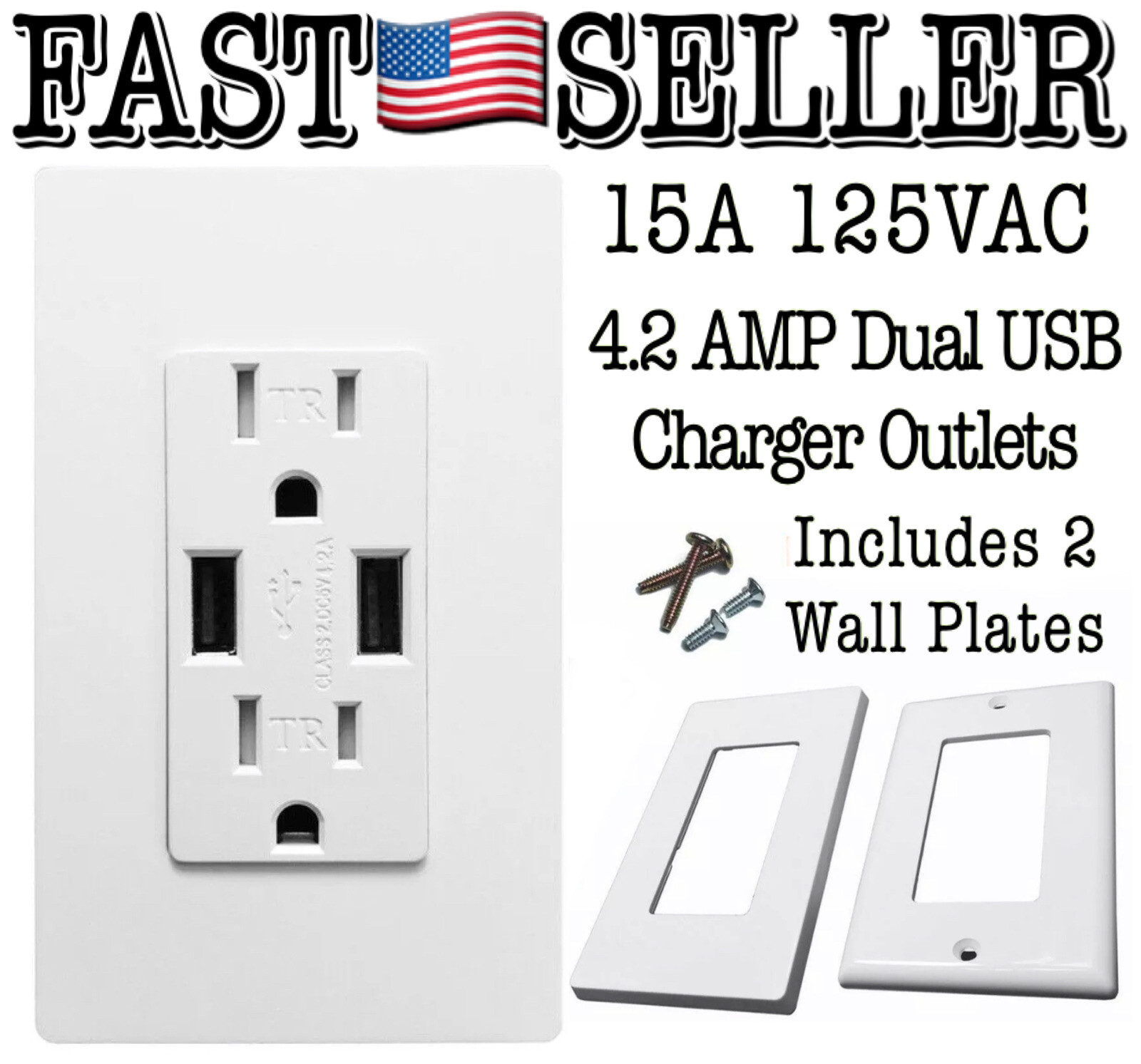 Outlet USB Fast Charger 4.2A Duplex Receptacle 15A Tamper Resistant UL Listed