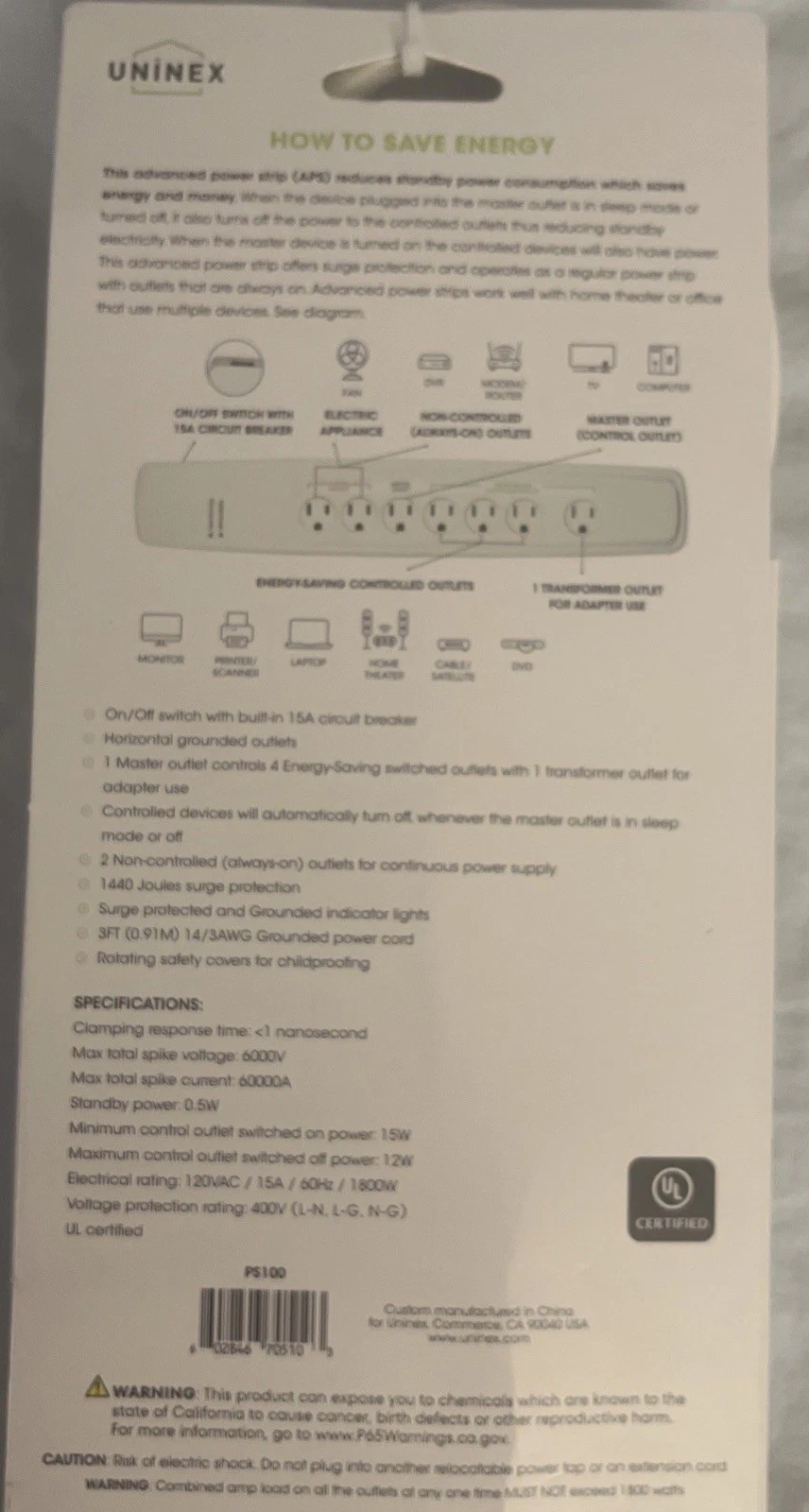 NEW -UNINEX POWER MANAGED ENERGY CONTROLLED SURGE PROTECTOR 7-OUTLET 1440 JOULES