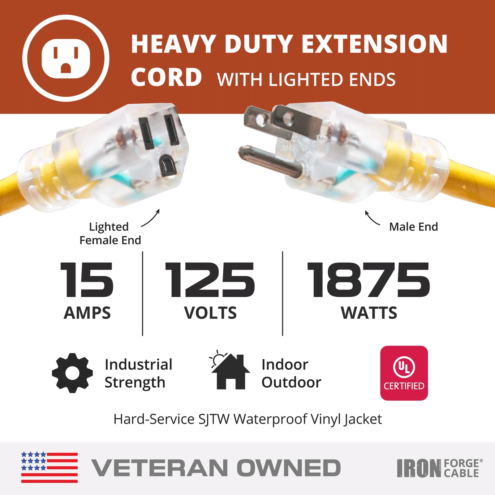 10 Foot Lighted Outdoor Extension Cord – Yellow 10 Gauge 3 Prong Grounded Plug