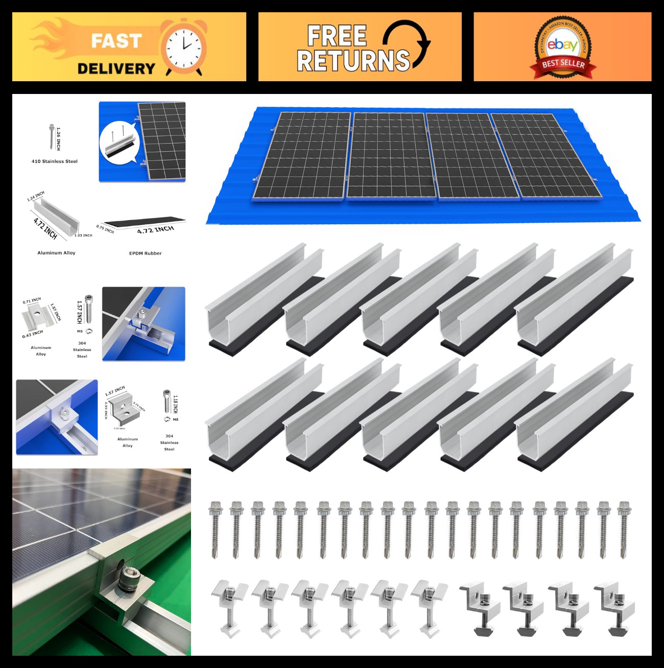 Solar Panel Mounting Brackets Kit – Roof Rails & Clamps for 1.18″-1.38″ Thicknes