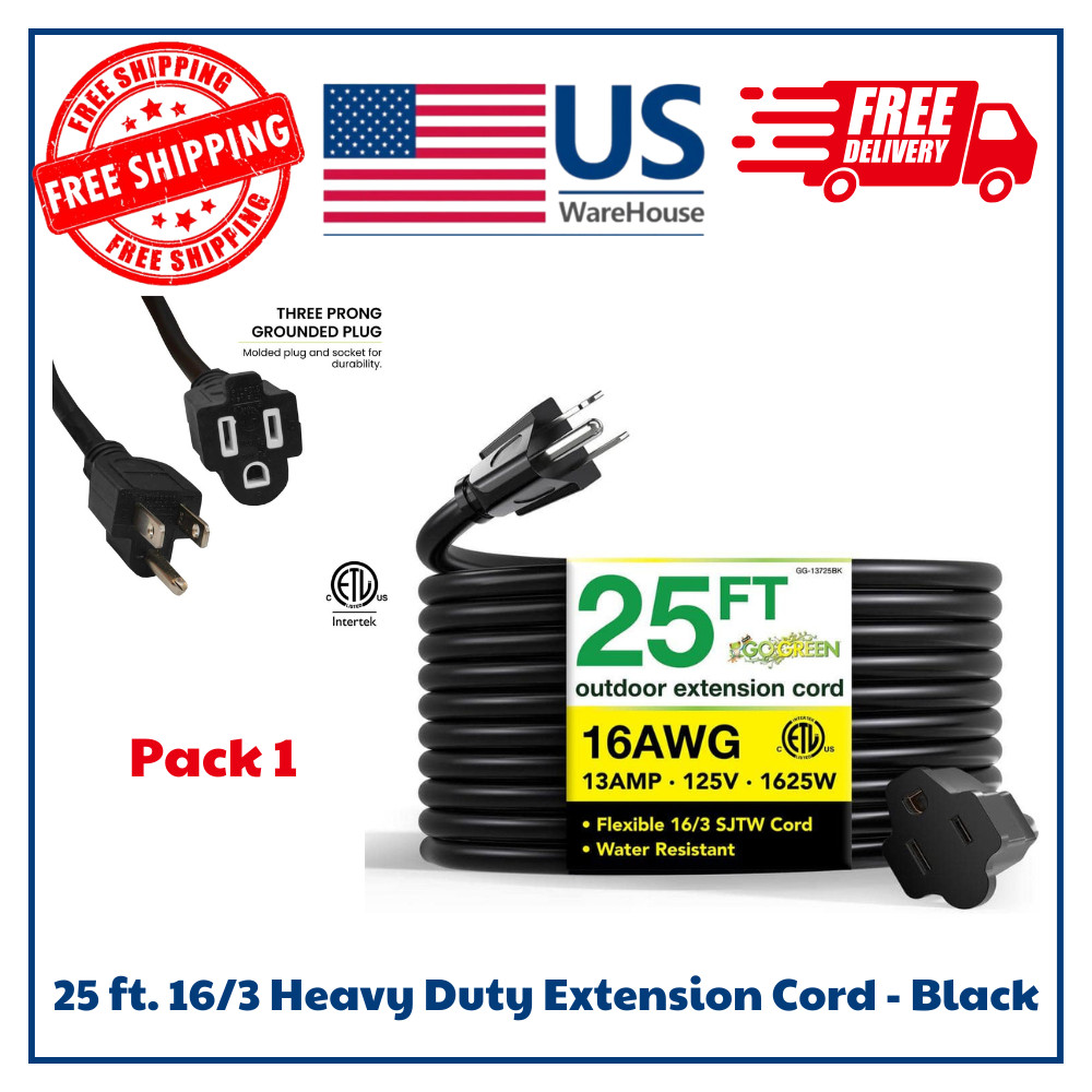 Share GoGreen Power 25 ft. 16/3 Heavy Duty Extension Cord – Black