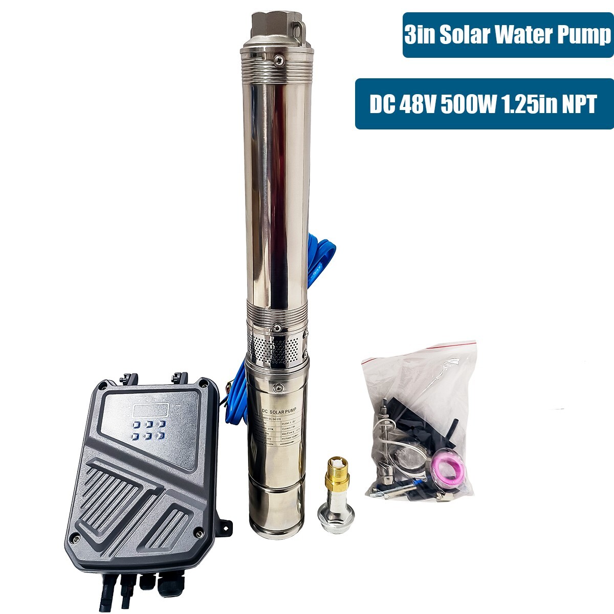 DC 48V 3″ Solar Pump Submersible Pump Bore 500W Deep Well Pump + MPPT Controller