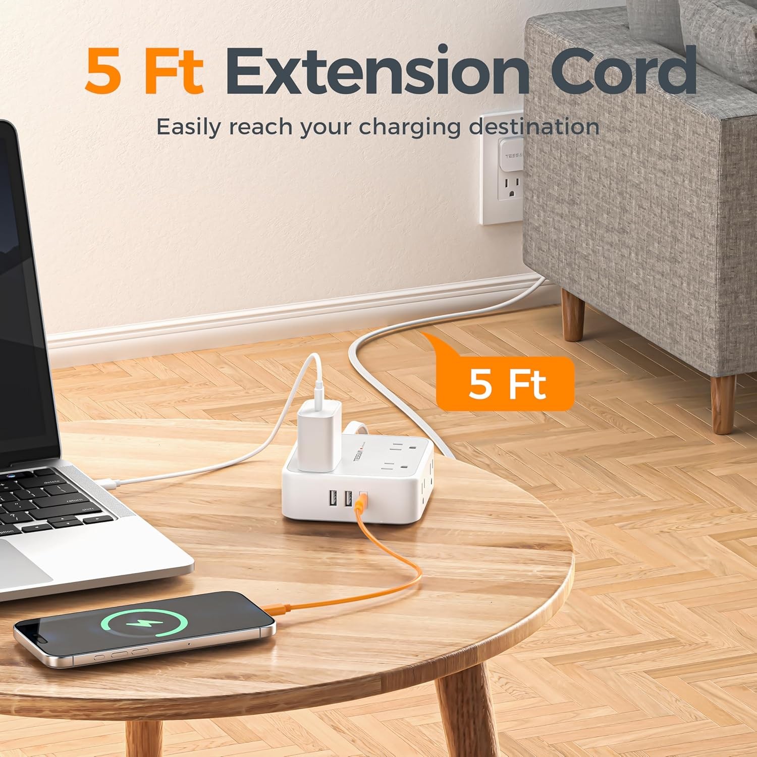 5 Ft Grey Surge Protector with 3 USB Power Strip Extension Cord 5ft USB Power