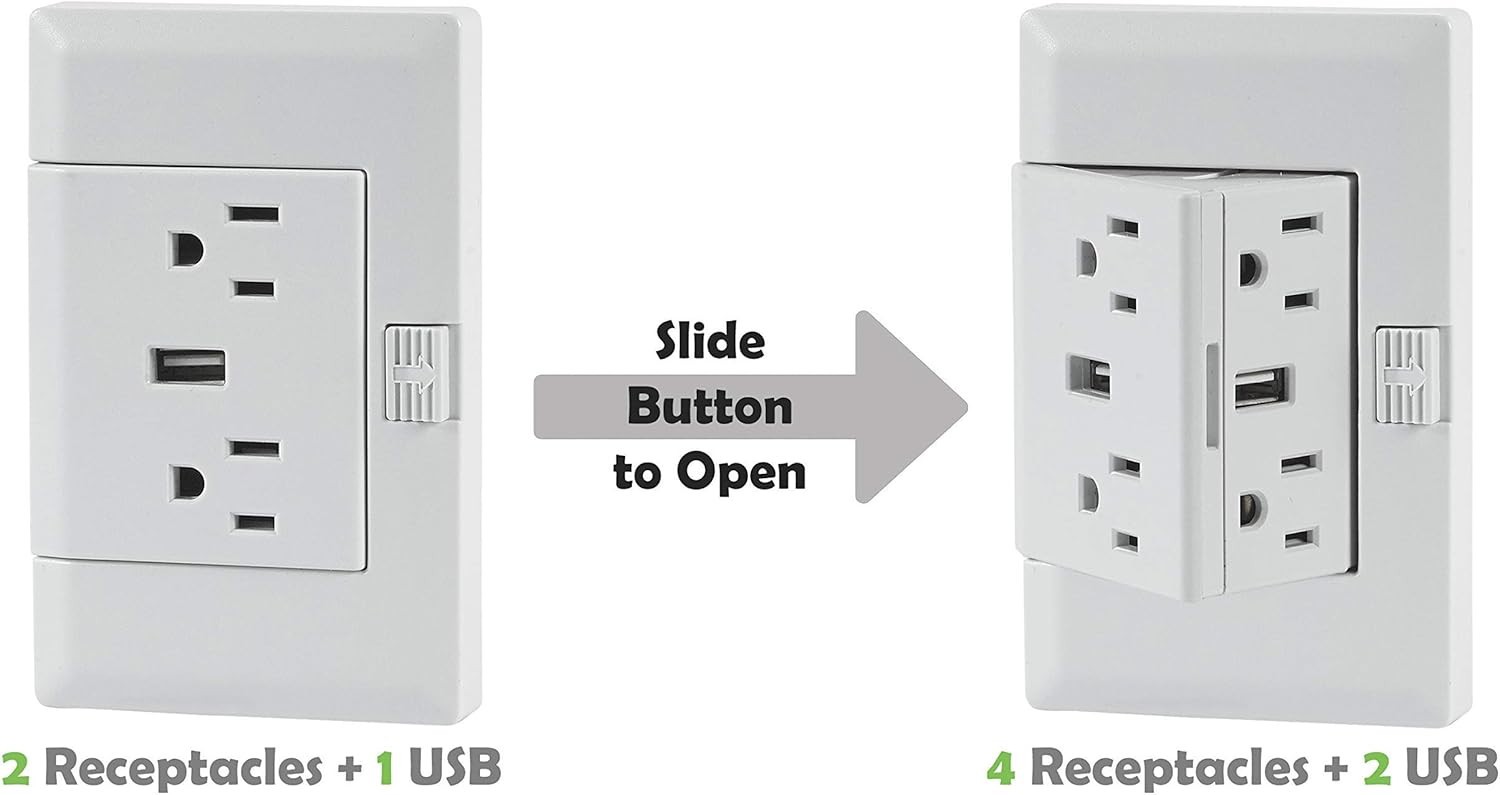 theOUTlet Basic 15 Amp 125 Volt Permanent Outlet Extender 4 + 2 USB Ports White