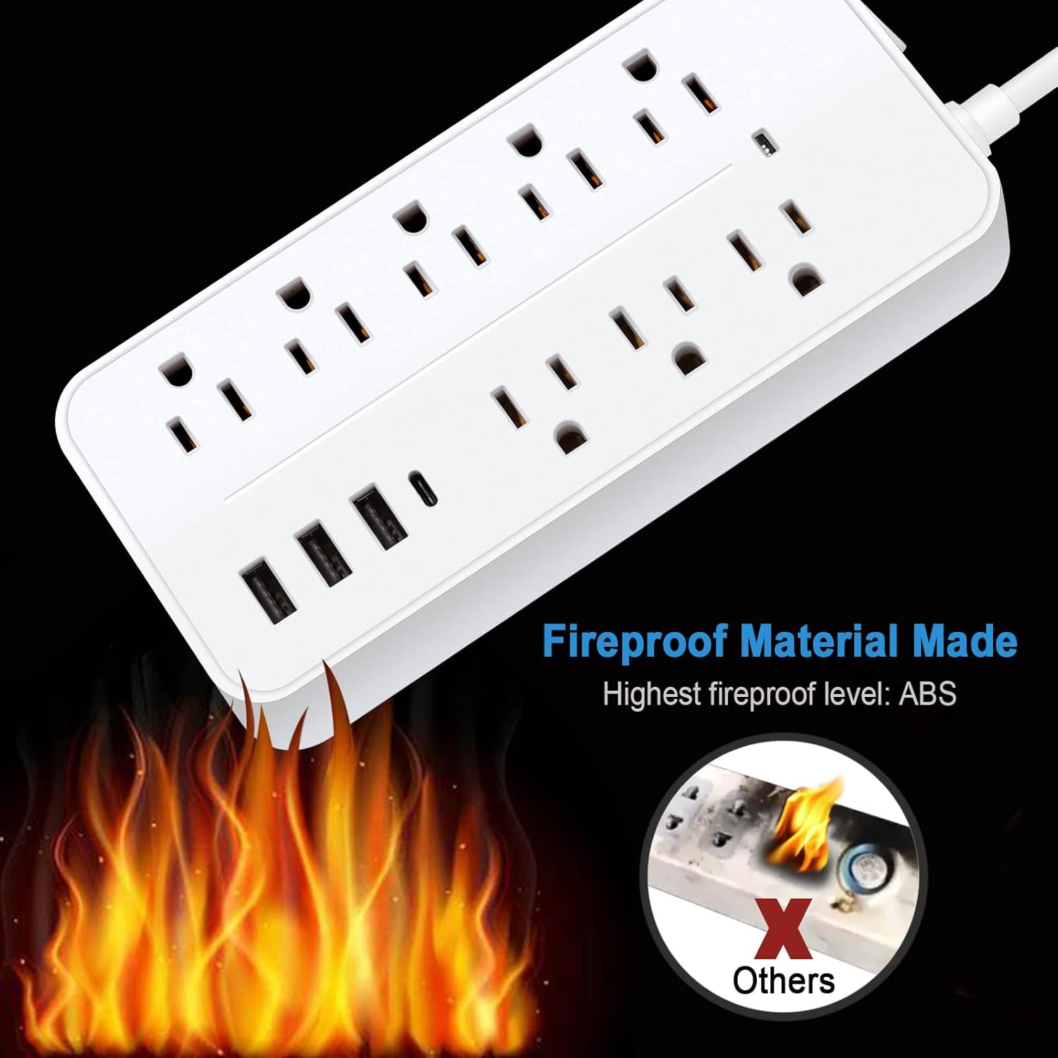 US Power Strip Surge Protector 8 AC Outlets 3 USB Ports + Type C Port 4 FT Cable