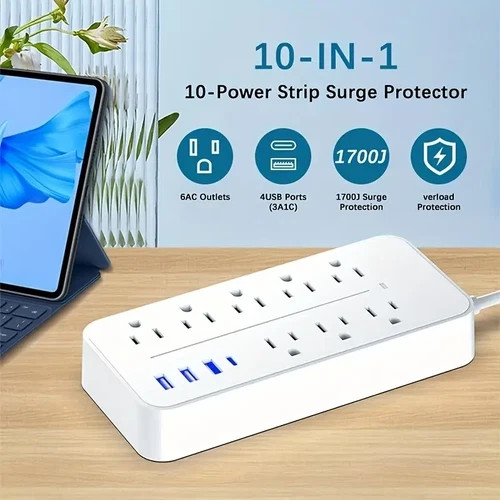 US Power Strip Surge Protector 8 AC Outlets 3 USB Ports + Type C Port 4 FT Cable
