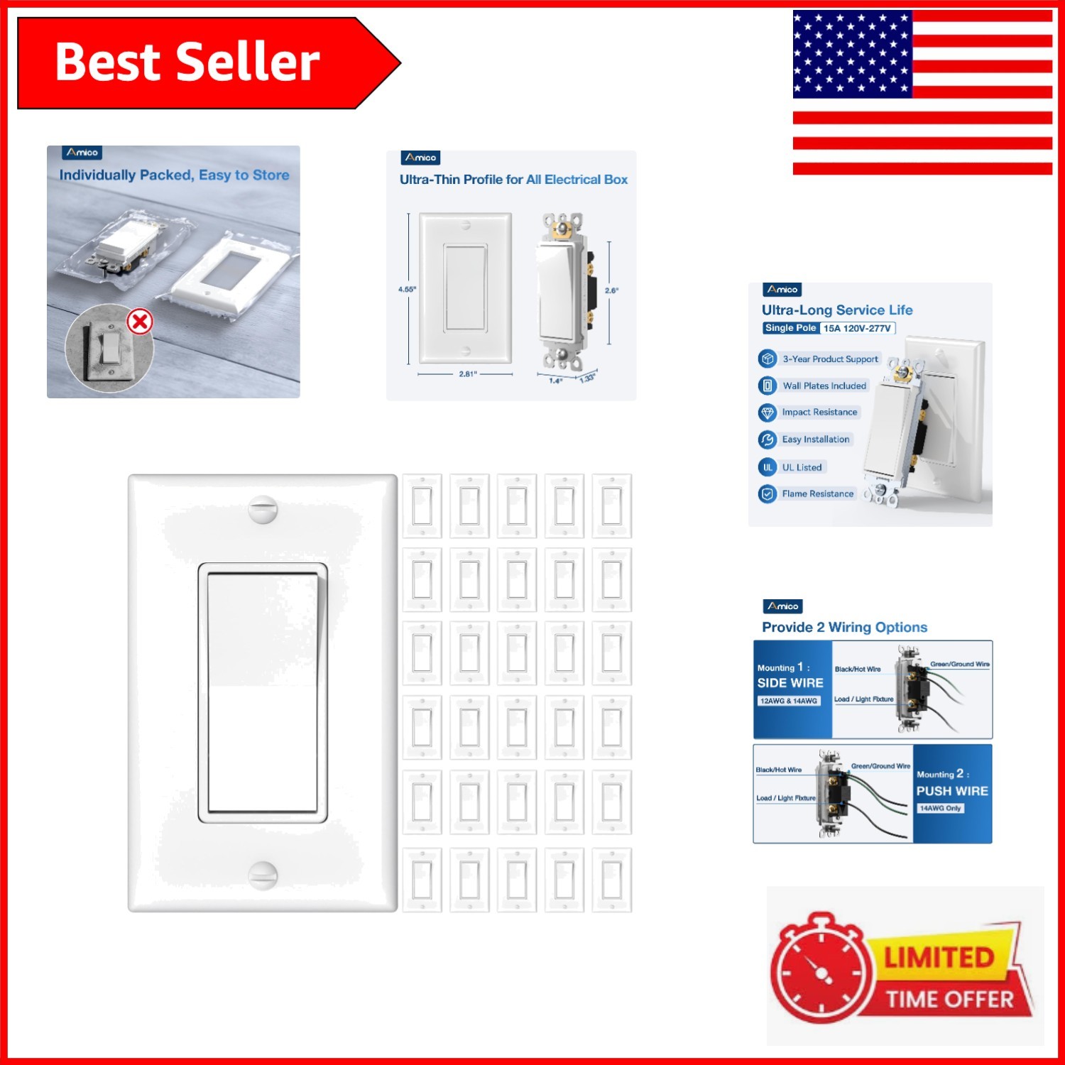 Modern 30 Count Light Switches – Certified, Perfect for Home and Business Use