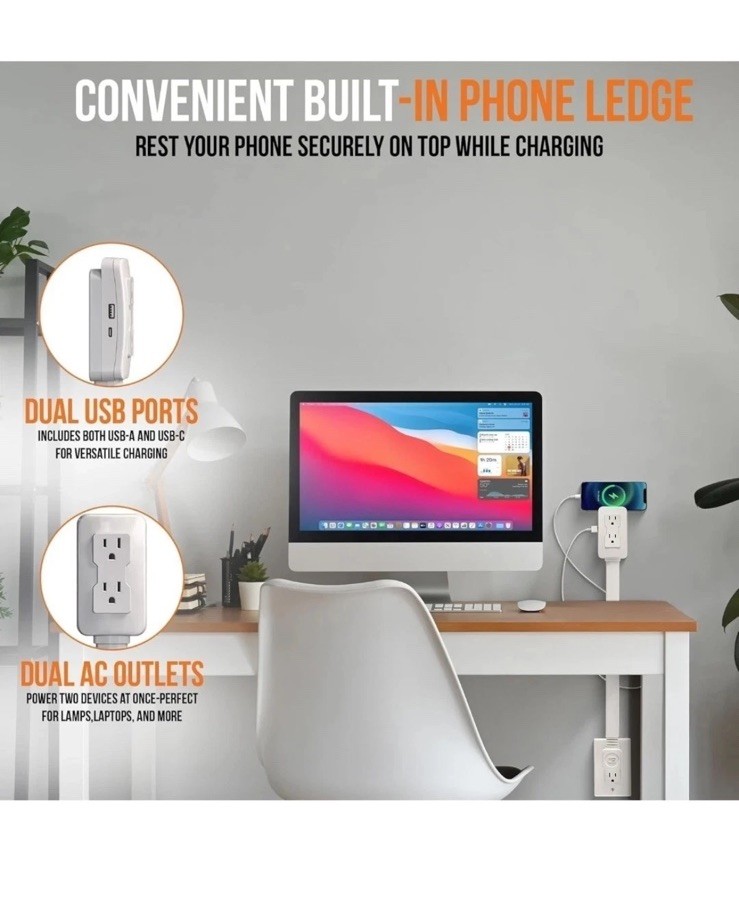 Electrical Outlet Extender with USB & AC Ports – 22″ to 34″ Adjustable