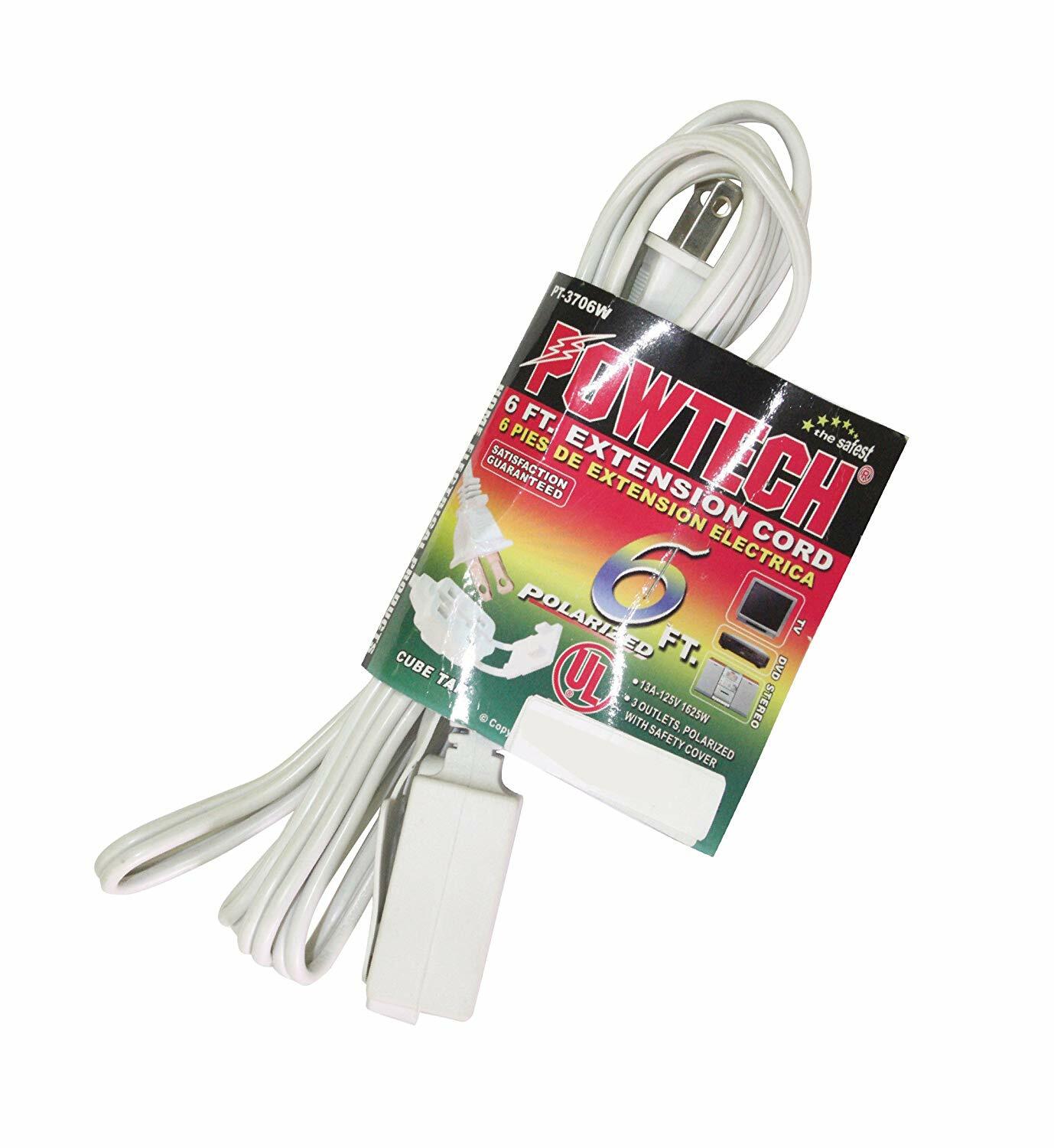 6 ft Ext Cord White UL Heavy duty Household 16 Gauge White Power Cord with 3 Tap