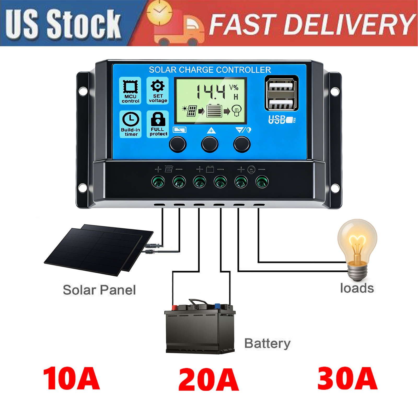10A/20A/30A PWM Solar Charge Controller, 12V/24V LCD Display Auto Regulator