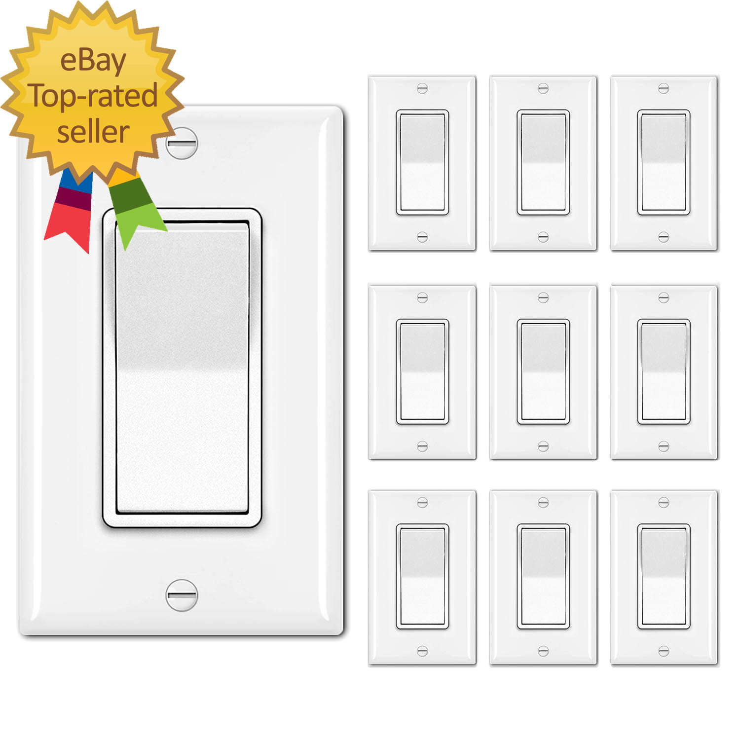 10 Pack Single Pole Decorator Light Switch with Wallplate 15A 120/277V Rocker