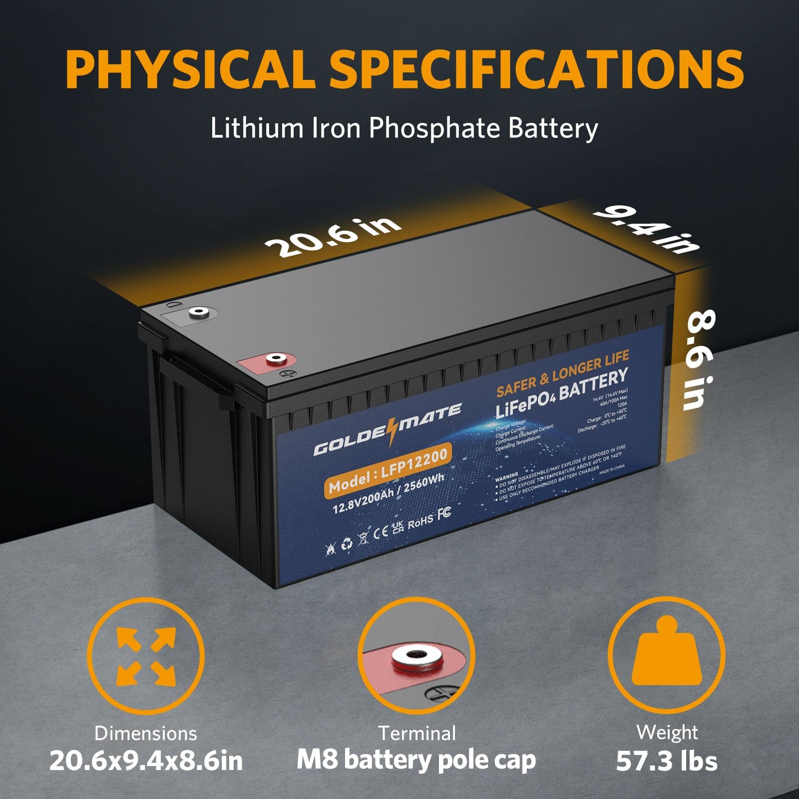 Goldenmate 12V 200Ah LiFePO4 Deep Cycle Battery with BMS for Solar RV Home Backu