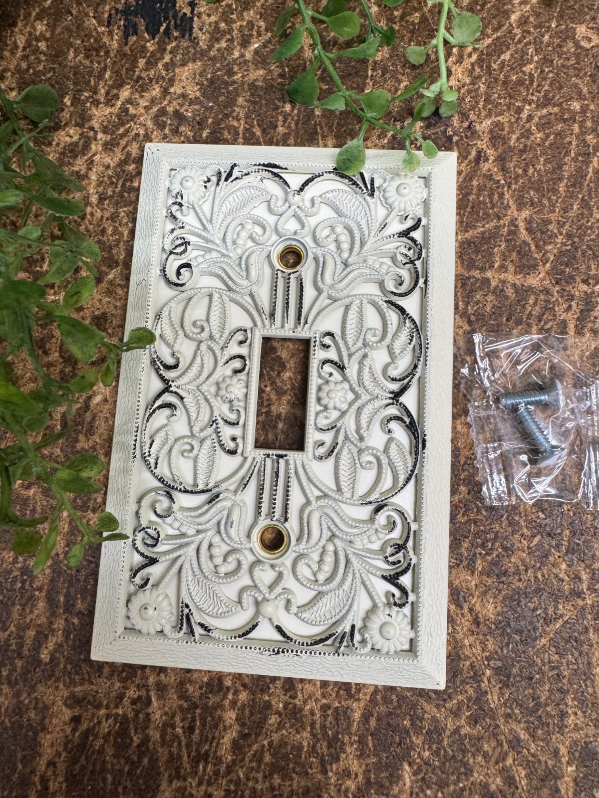 Filigree Wall Cover Switch Plate Single One Toggle Light Vintage Distress White