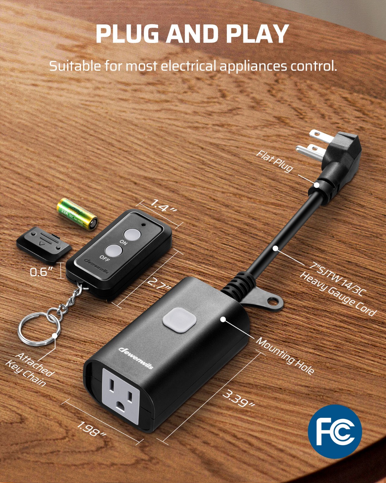 DEWENWILS Outdoor Remote Control Outlet 100FT Control Range14AWG SJTW Power Cord