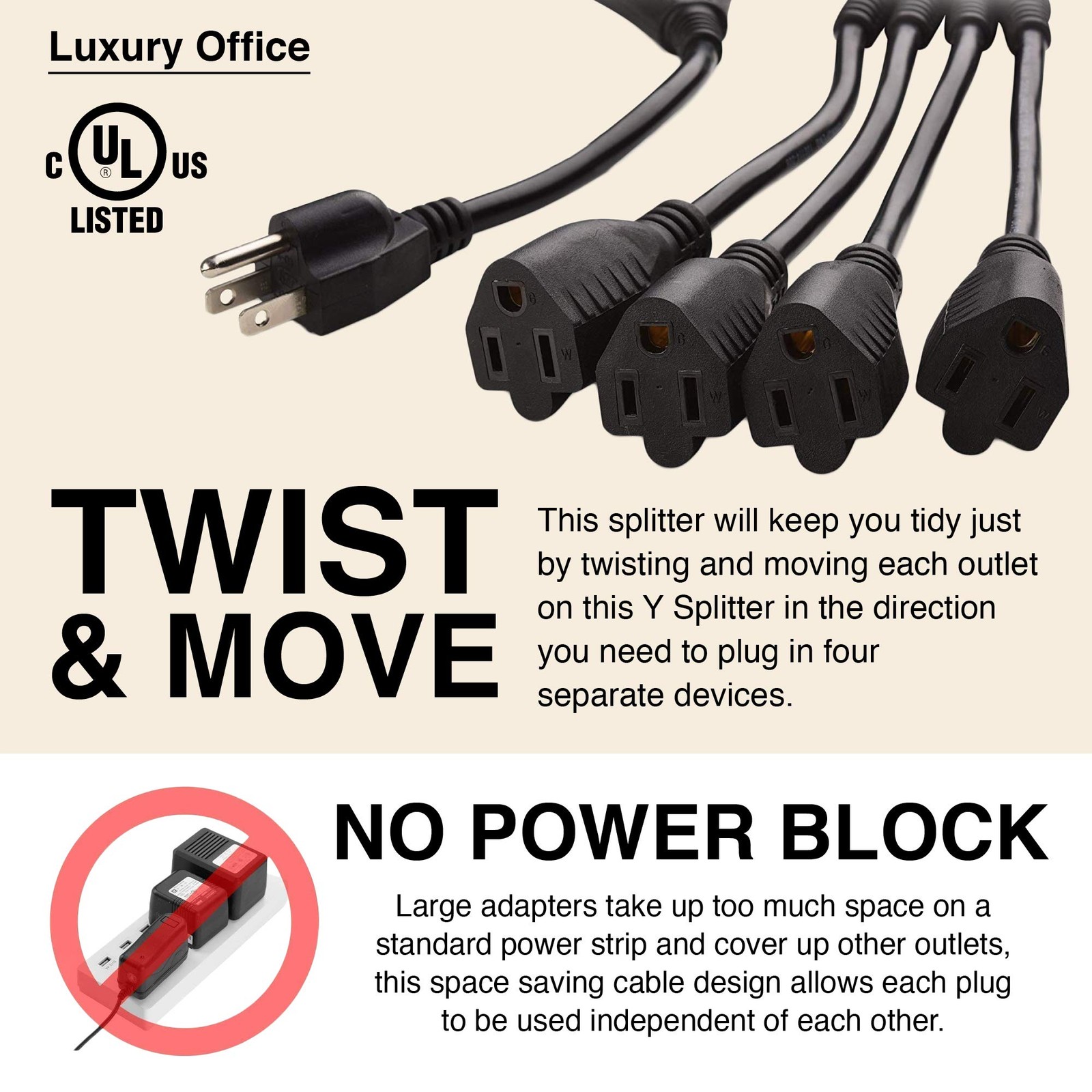 4 Way Power Splitter – 1 to 4 Extension Cord Splitter, 1.5′ Short Extension C…