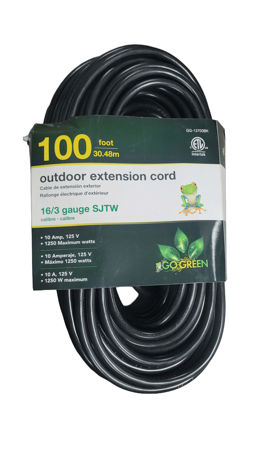 GoGreen Power 100 ft. 16/3 SJT W-A Extension Cord – Black