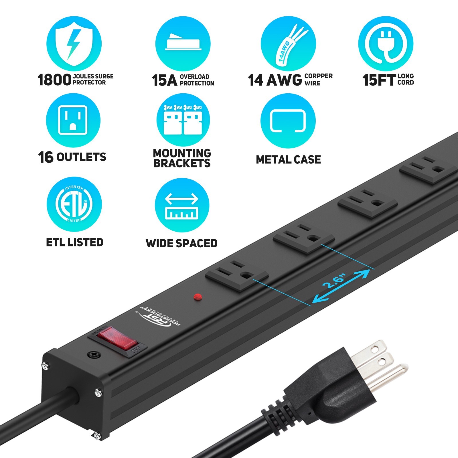 Power Strip 16 Outlets Multi Metal Housing Heavy Duty 15 Feet Cord Black CRST