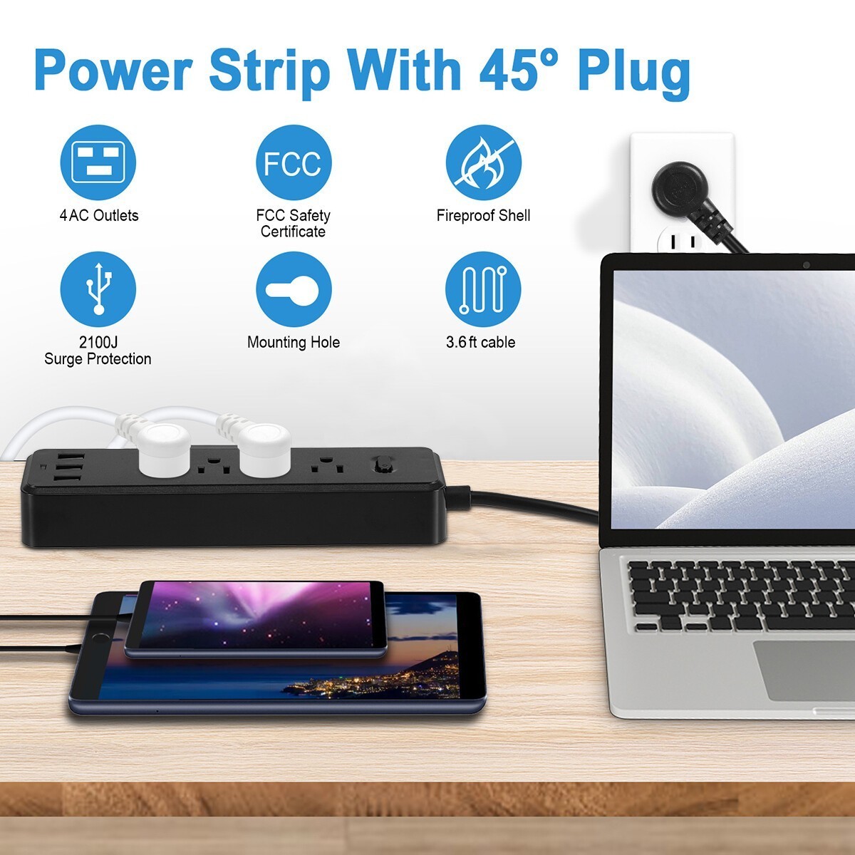 Power Strip Surge Protector 7-IN-1 Multi-functional Outlets Extension Cord 3 USB