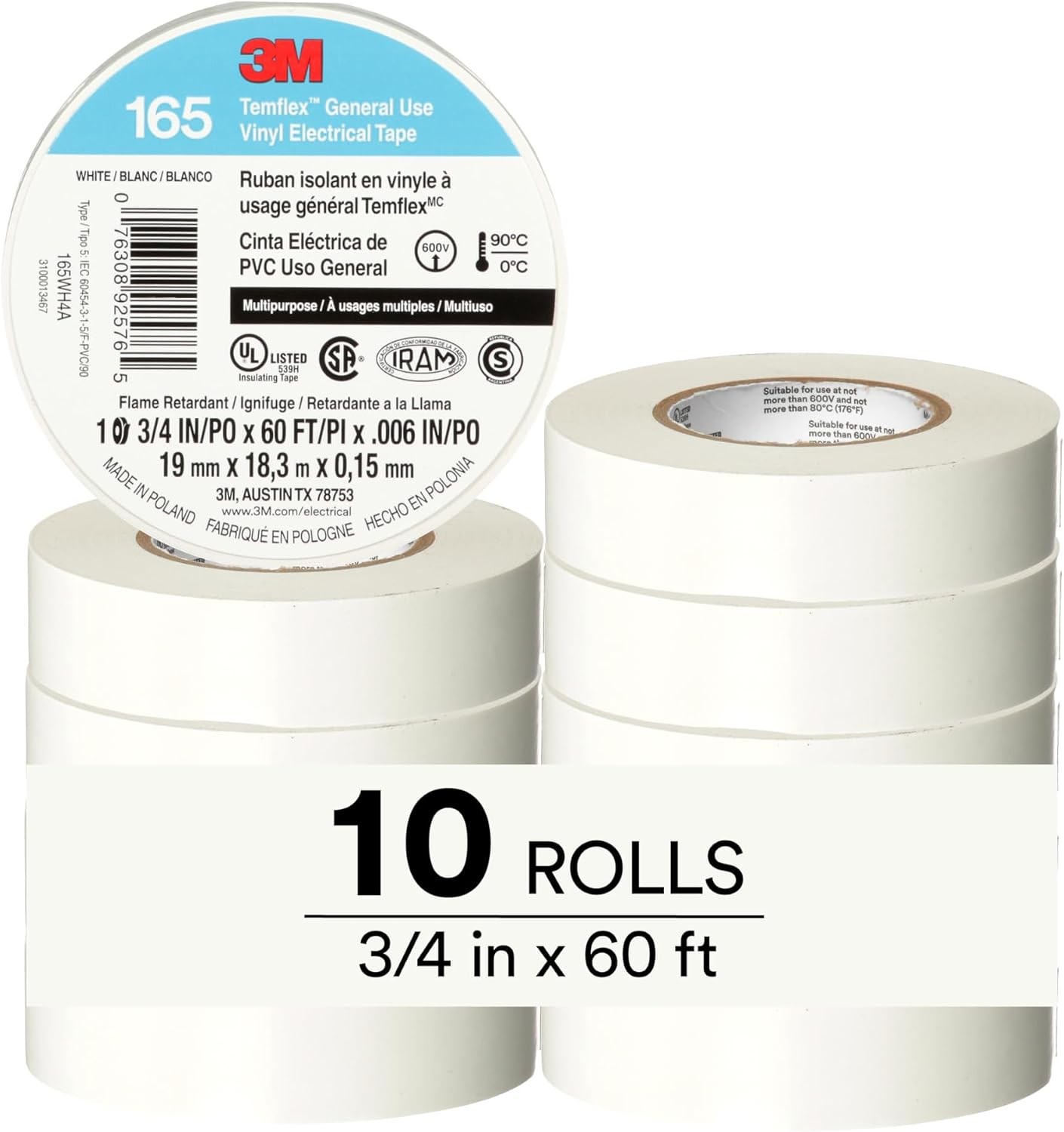 3M Temflex Vinyl Electrical Tape 165, 3/4 in x 60 ft, White, 10 Roll Pack | Mult