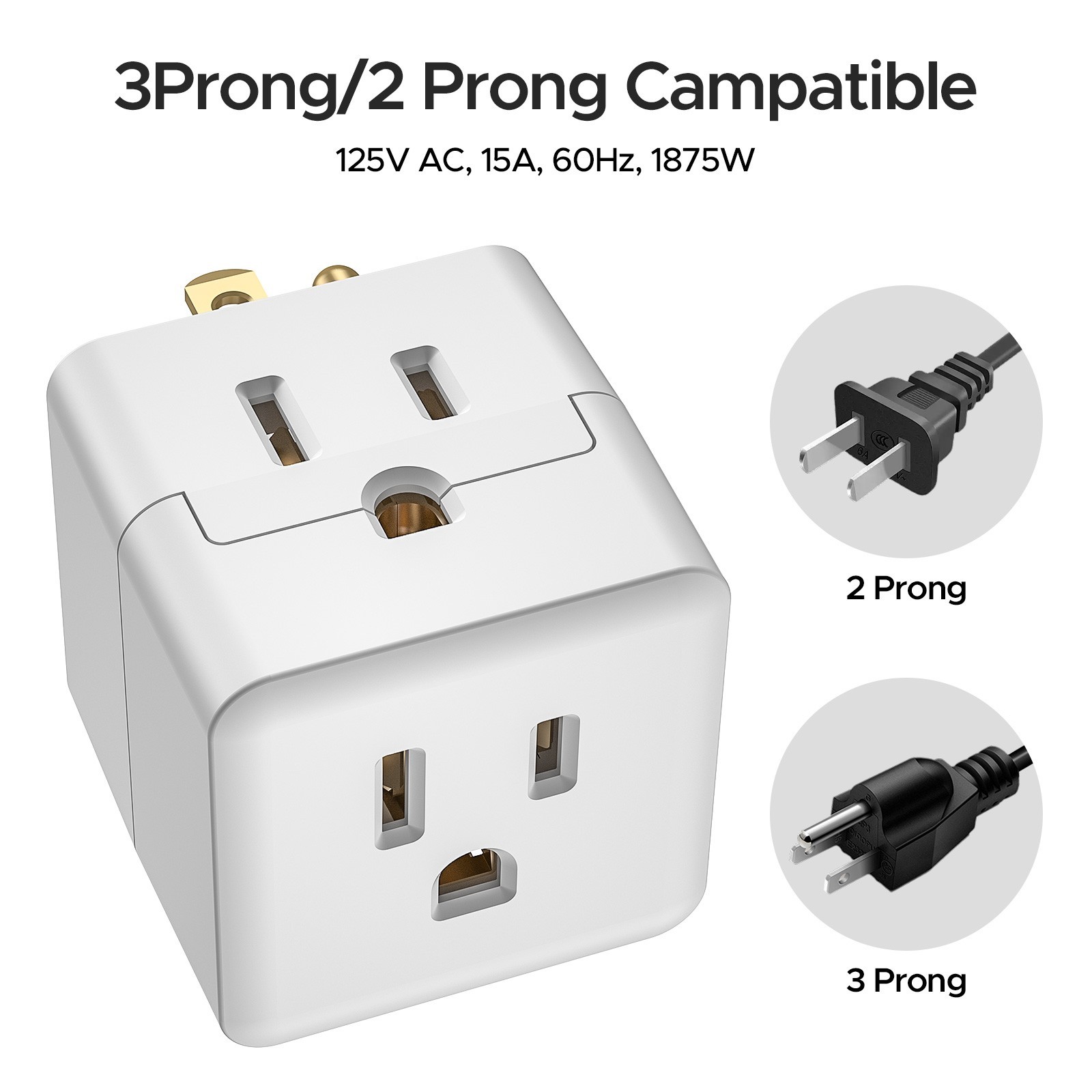 [ETL Listed] 3-Outlet Grounded Wall Plug Extension Travel Adapter,Power Splitter