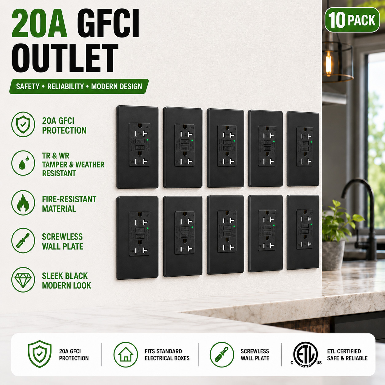 10PCS ETL Listed 20 A GFCI Electrical Outlet WR TR Black LED Light Easy Install