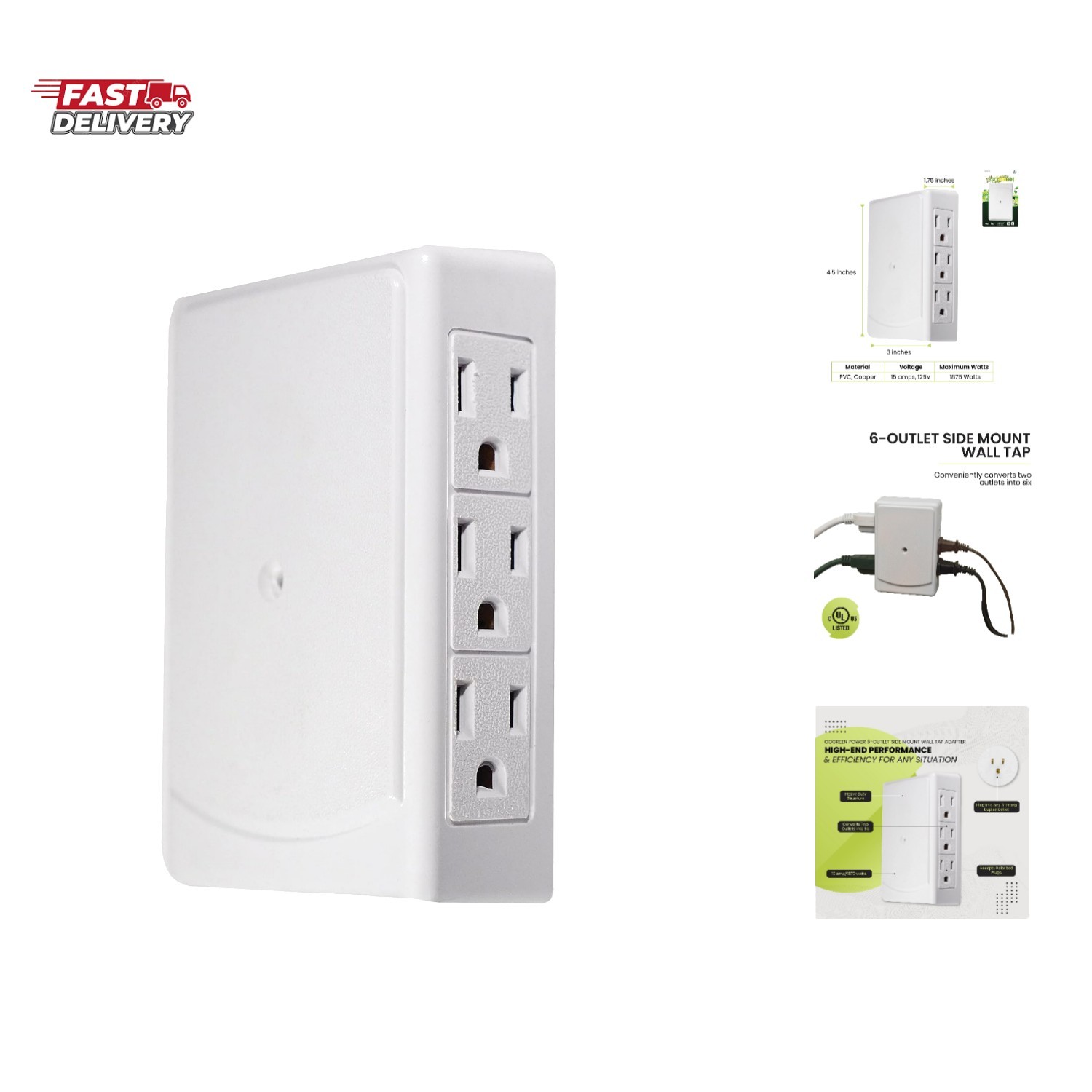 6-Outlet Side Mount Wall Tap Adapter, White – Unique Space-Saving Design, Hea…