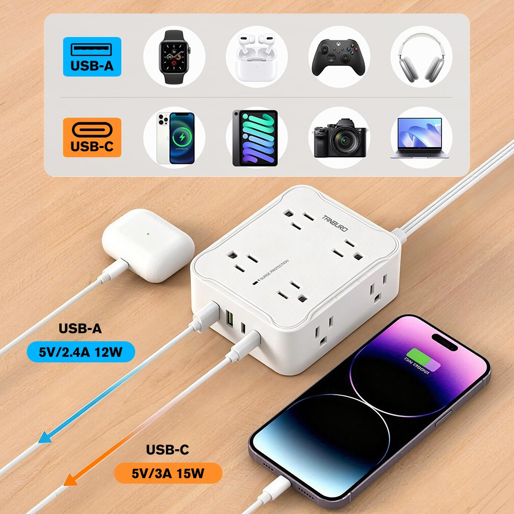12in1 Power Strip Surge Protector 8 AC Outlets 2 USB +2 Type C Port 6.5 FT US