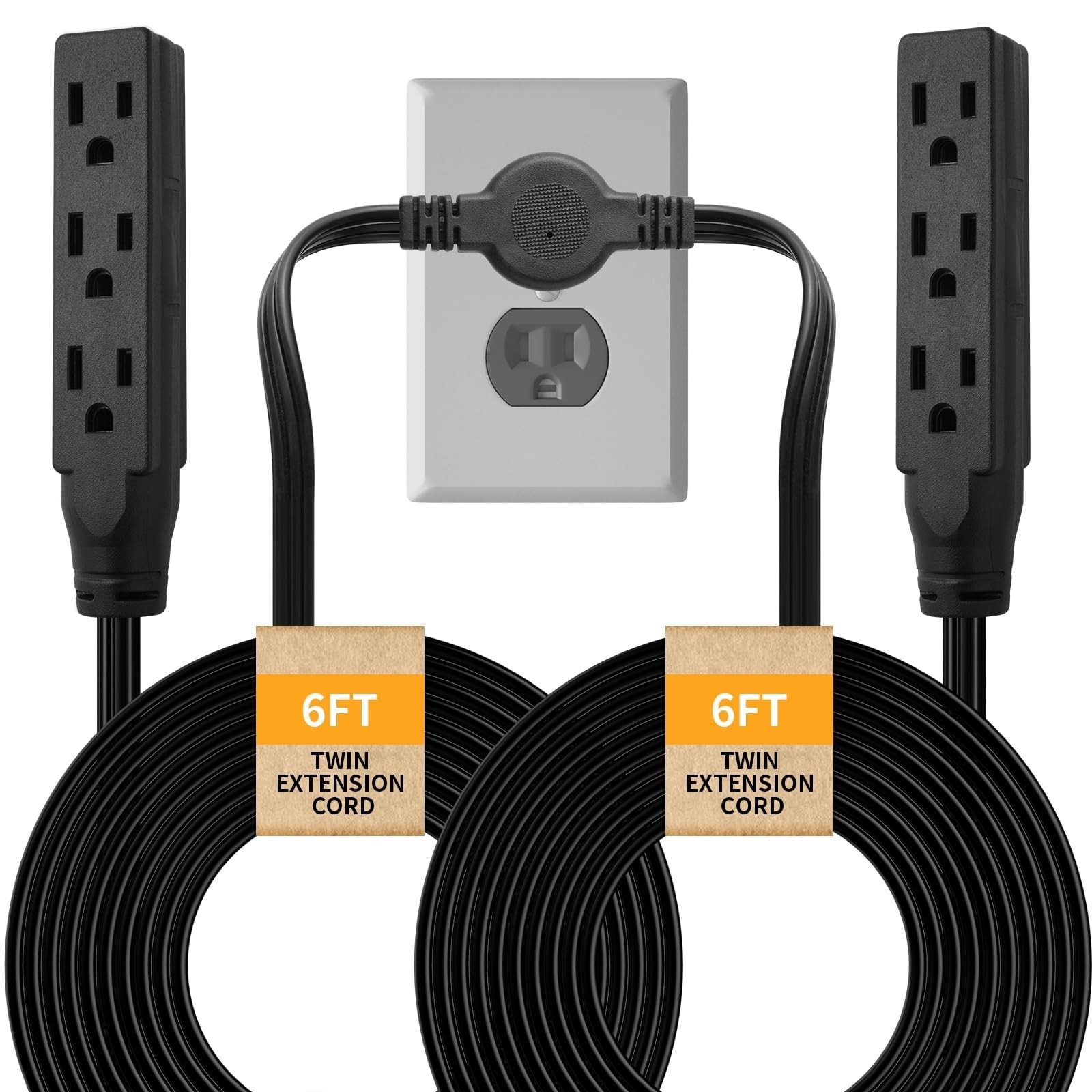 Twin Extension Cord, 12 Ft Flat Wall Plug, 6 Feet on Each Side, 3 Prong Power…