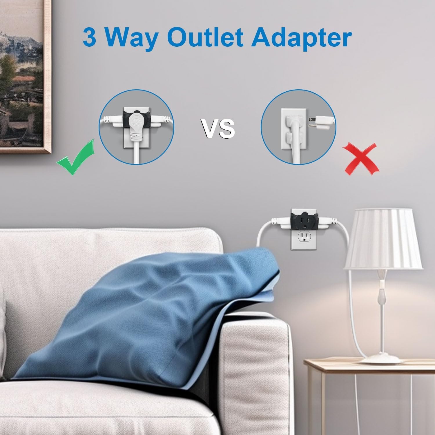 3 Outlet Extender, Heavy Duty Grounded Wall Adapter, T-Shaped Power Splitter, 4