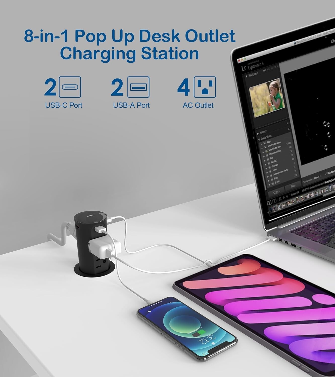 Pop up Outlet for Countertop with USB C,2.5in Hole Desktop Power Grommet,4 Ou…