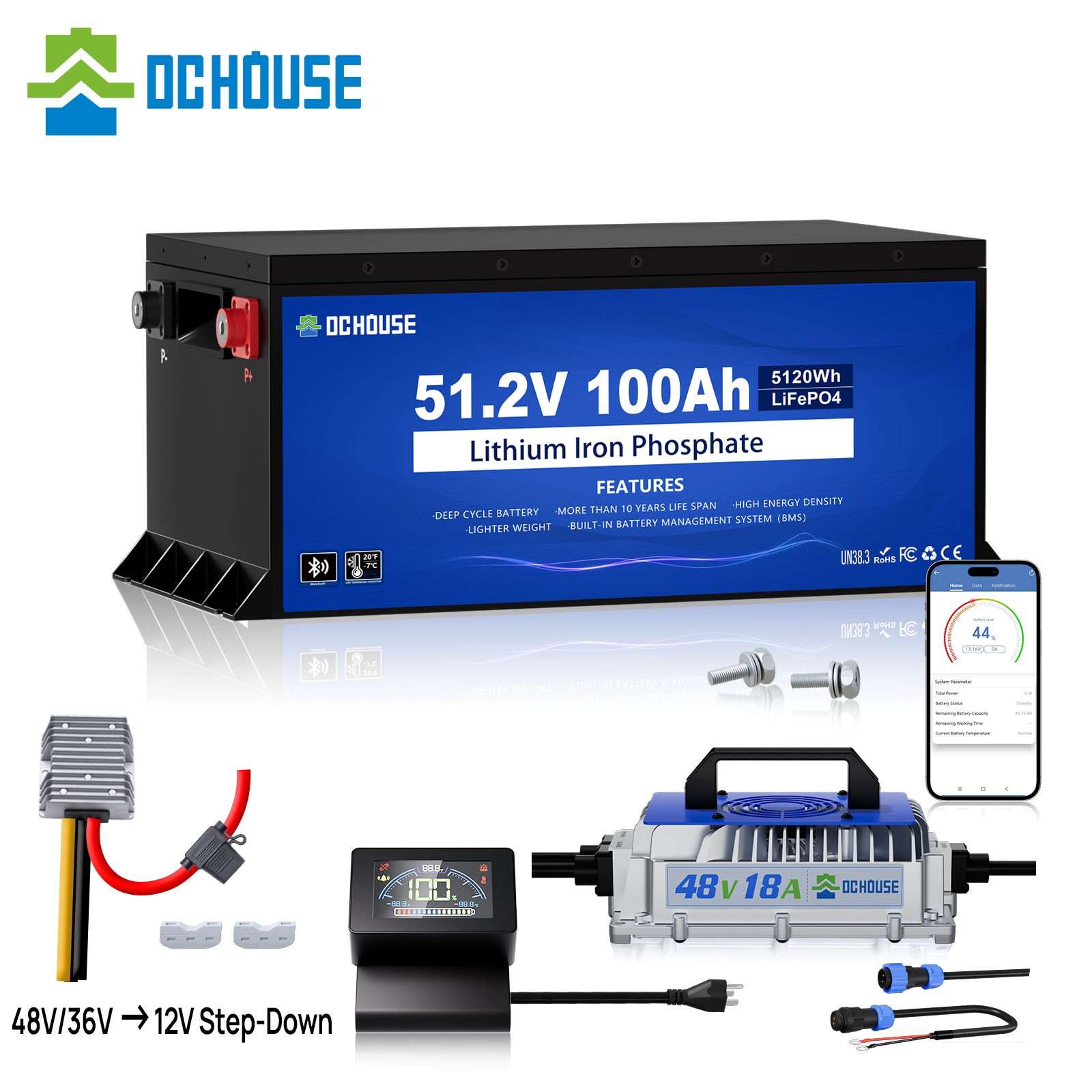 DC HOUSE Pro Metal Case 48V 100Ah Lithium Golf Cart Battery with 18A Charger
