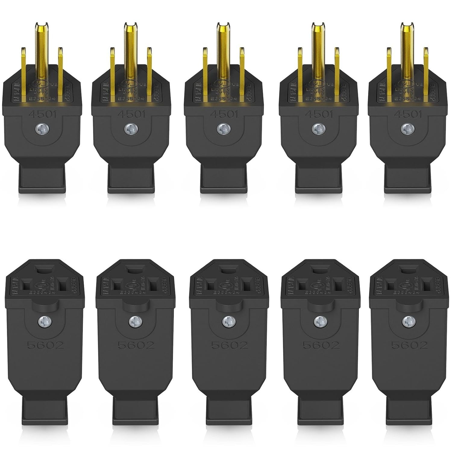 ELEGRP Extension Cord Ends Male/Female Set, Black, 15A 125V, 5 Sets
