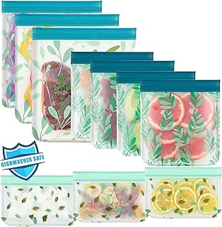 10 Pack Dishwasher Safe Reusable PEVA Food Storage Bags, Leak proof Reusable Fre