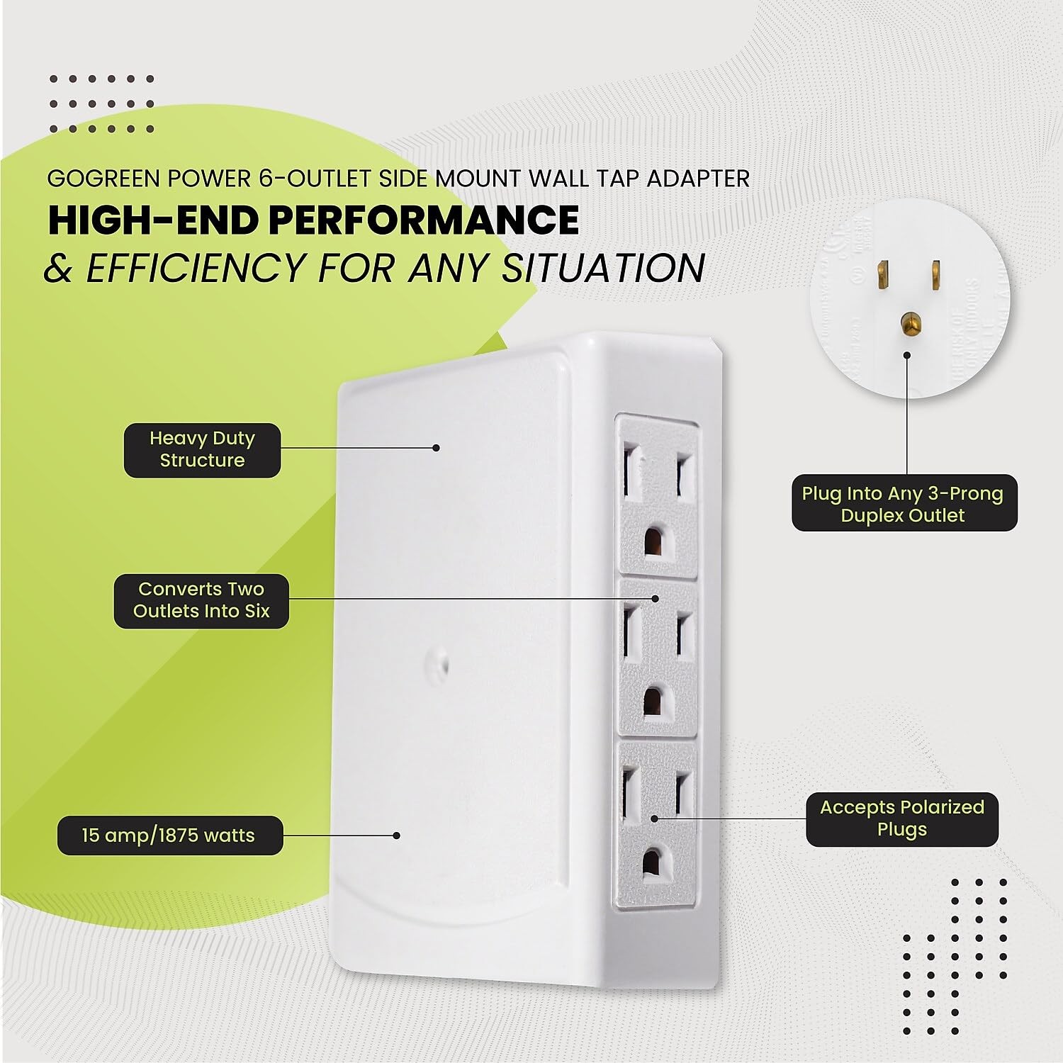 GoGreen Power GG-16000TSM – 6 Outlet Side Mount Wall Tap Adapter, White 1