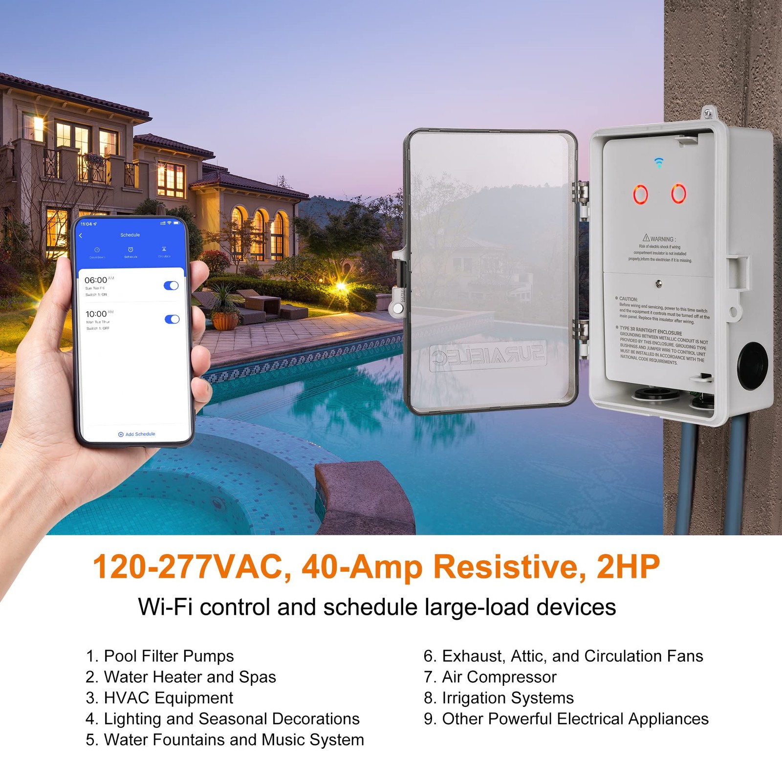 Wifi Pool Timer 120/277v Individual Switches Pool Pump Timer 40 Amp 2hp Indoor/o